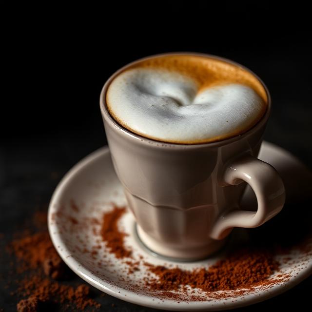 A cappuccino with a soft foam dome dusted with cocoa