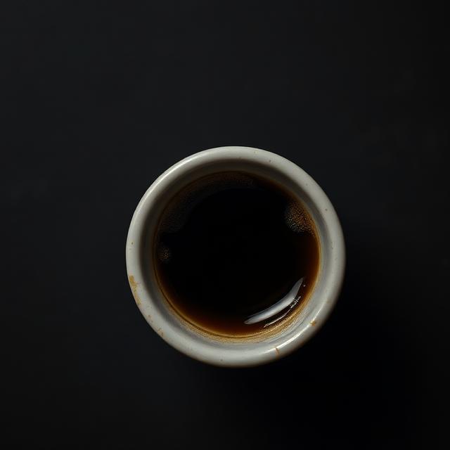 Overhead view of an espresso shot in a small ceramic cup