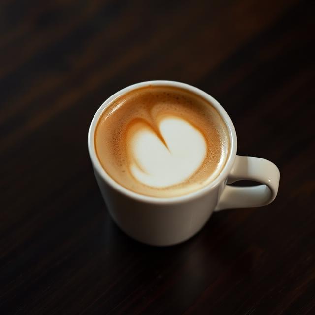 A flat white with soft latte art in a white ceramic cup