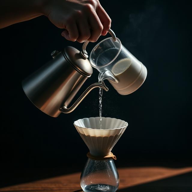 Hand pouring water from a gooseneck kettle over a v60 dripper