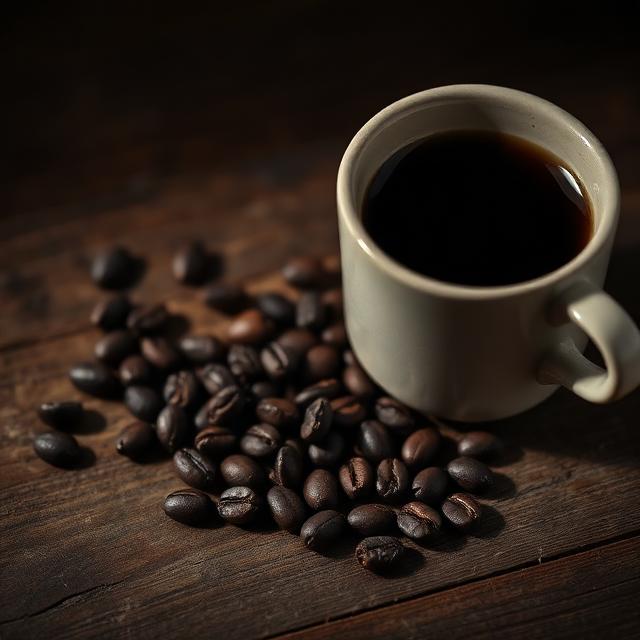 A cup of dark coffee beside scattered roasted beans on wood