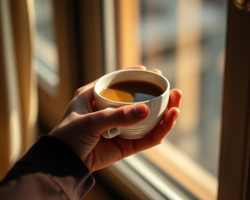 A hand cradling a warm ceramic coffee cup beside a soft window