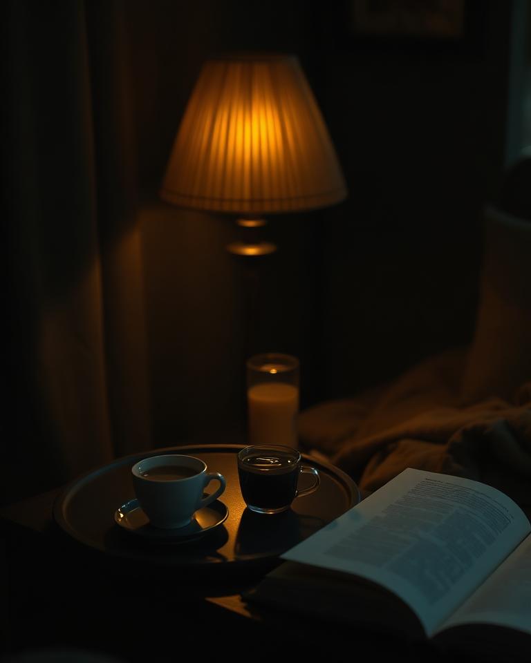 Low-lit interior with a small cup, warm lamp and an open book