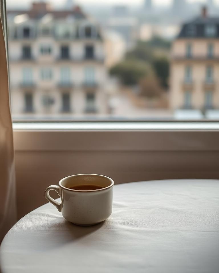 Stoneware coffee cup on a linen table beside a soft window