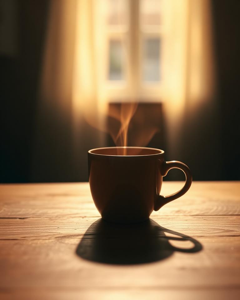 Warm ceramic cup with thin steam catching morning window light