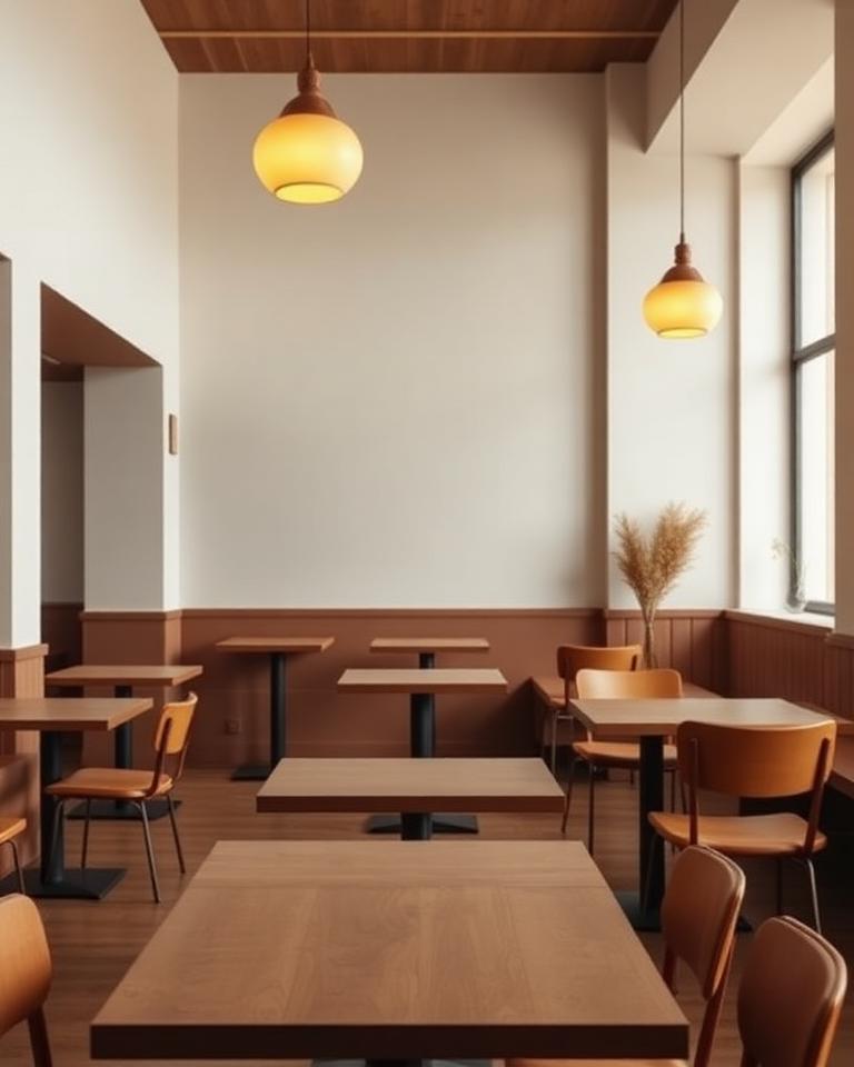 Calm café interior with warm wood tables and soft pendant light